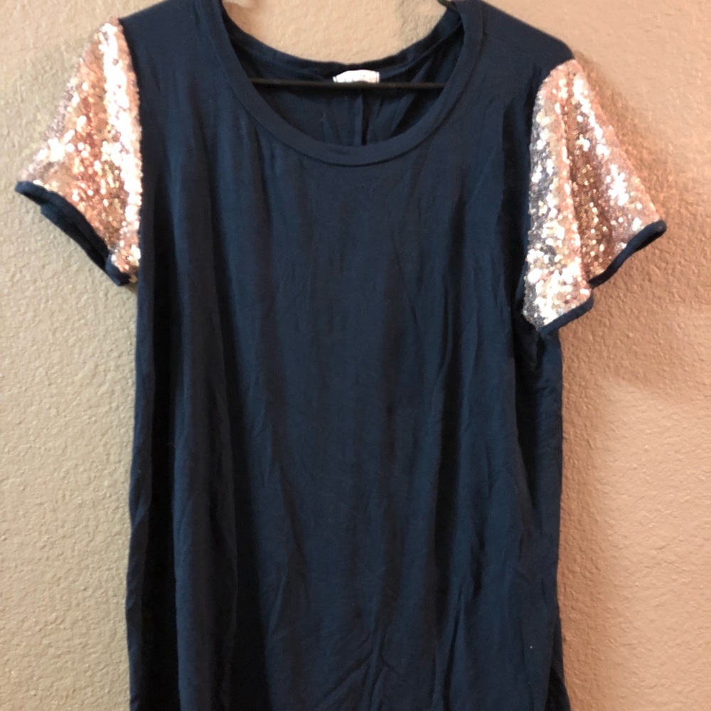Navy blue tee shirt with gold sparkle sleeves